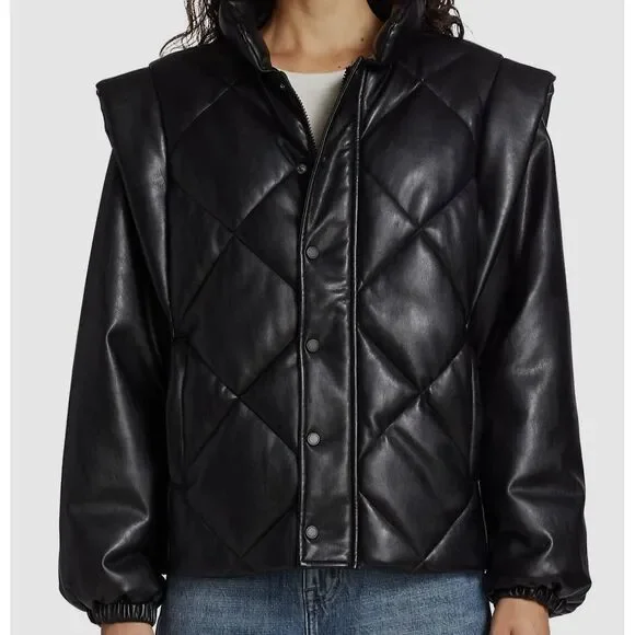 $249 Pistola Women's Black Callista Quilted Faux-Leather Jacket Coat Size M - Picture 1 of 4